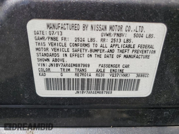 2014 Infiniti Q50 Premium with VIN JN1BV7AR4EM687969, listed as a Copart auction lot 55924805 with 174,625 mi miles and Salvage Title. Bid and sale history available at DreamBid. Image 12.