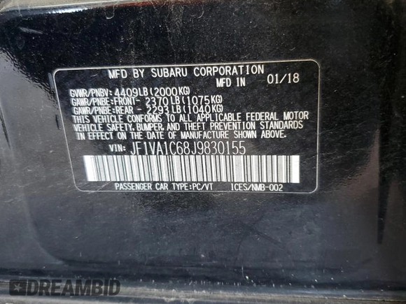 2018 Subaru WRX Premium with VIN JF1VA1C68J9830155, listed as a Copart auction lot 57999905 with 171,022 mi miles and Salvage title. Bid and sale history available at DreamBid. Image 12.