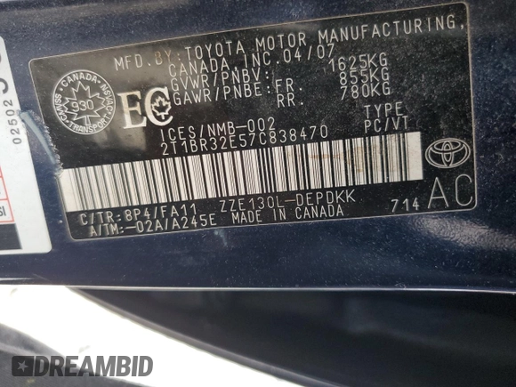 2007 Toyota Corolla CE with VIN 2T1BR32E57C838470, listed as a Copart auction lot 62259325 with 160,136 mi miles and Clean title. Bid and sale history available at DreamBid. Image 12.