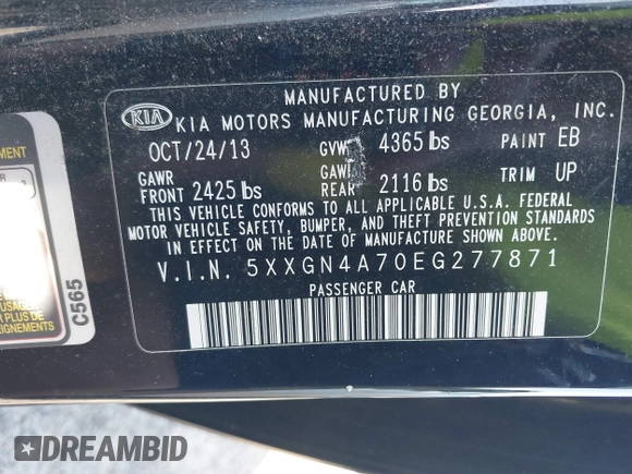 2014 Kia Optima EX with VIN 5XXGN4A70EG277871, listed as a IAAI auction lot 42183248 with 128,300 mi miles and . Bid and sale history available at carsss.com. Image 9.