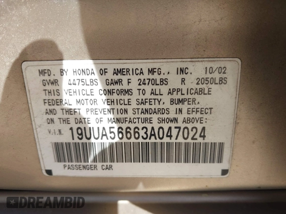 2003 Acura TL with VIN 19UUA56663A047024, listed as a IAAI auction lot 41995219 with 225,464 mi miles. Bid and sale history available at carsss.com. Image 9.