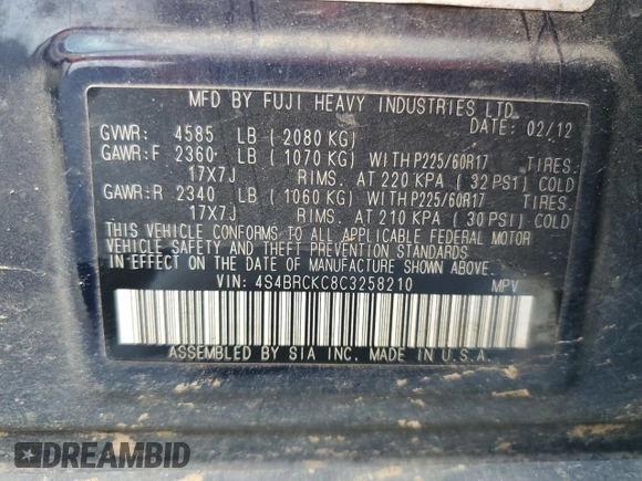 2012 Subaru Outback 2.5i Limited with VIN 4S4BRCKC8C3258210, listed as a Copart auction lot 44343965 with 221,895 mi miles and Salvage Title. Bid and sale history available at carsss.com. Image 15.
