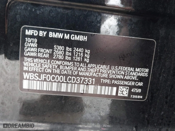 2020 BMW M5 Competition with VIN WBSJF0C00LCD37331, listed as a IAAI auction lot 41738410 with 49,788 mi miles. Bid and sale history available at carsss.com. Image 9.