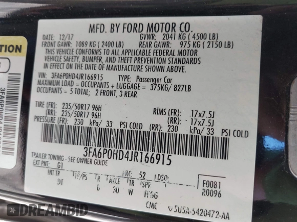 2018 Ford Fusion SE with VIN 3FA6P0HD4JR166915, listed as a IAAI auction lot 42043918 with 67,337 mi miles. Bid and sale history available at carsss.com. Image 9.
