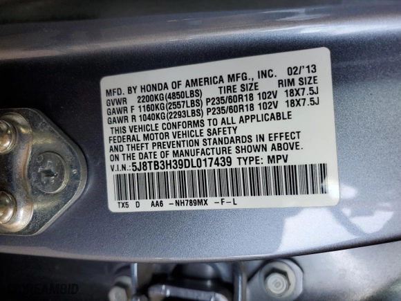 2013 Acura RDX with VIN 5J8TB3H39DL017439, listed as a Copart auction lot 53561505 with 157,570 mi miles and Salvage Title. Bid and sale history available at carsss.com. Image 14.