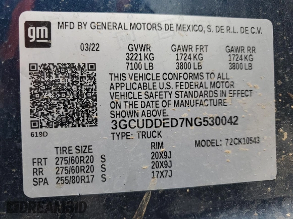 2022 Chevrolet Silverado 1500 LT with VIN 3GCUDDED7NG530042, listed as a Copart auction lot 80286474 with 61,794 mi miles and Salvage Title. Bid and sale history available at DreamBid. Image 15.