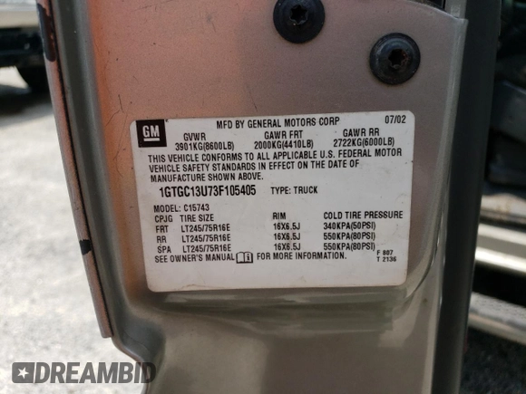 2003 GMC Sierra 1500HD SLE z VIN 1GTGC13U73F105405, wystawiony jako Copart lot #76817714 z przebiegiem 213 665 mil mil oraz Szkody całkowita. Historia ofert i sprzedaży dostępna na DreamBid. Obrazek 12.