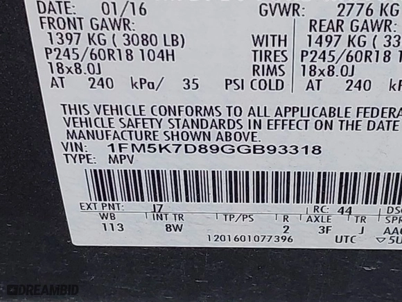 2016 Ford Explorer XLT with VIN 1FM5K7D89GGB93318, listed as a IAAI auction lot 41634295 with 195,853 mi miles. Bid and sale history available at carsss.com. Image 9.