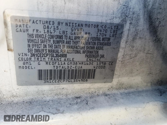 2016 Nissan Note SR с VIN 3N1CE2CP7GL354908, выставлен на аукционе Copart как лот 80775034 с пробегом 98 143 миль миль и На запчасти • Non repairable. История ставок и продаж доступна на DreamBid. Изображение 12.