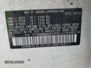 2022 Subaru Legacy с VIN 4S3BWAB64N3022894, выставлен на аукционе Copart как лот 89019155 с пробегом 66 134 миль миль и Списание • Salvage title. История ставок и продаж доступна на DreamBid. Изображение 12.