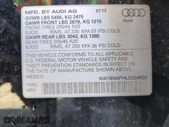 2018 Audi Q5 Premium Plus with VIN WA1BNAFY4J2024928, listed as a Copart auction lot 52381805 with 66,194 mi miles and Salvage Title. Bid and sale history available at carsss.com. Image 14.