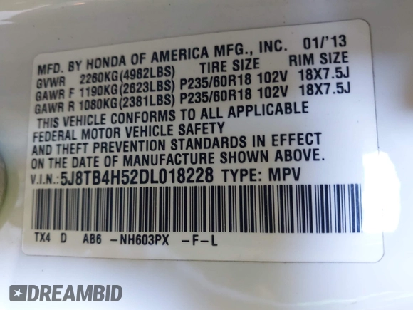 2013 Acura RDX Technology with VIN 5J8TB4H52DL018228, listed as a IAAI auction lot 42121985 with 288,561 mi miles and . Bid and sale history available at DreamBid. Image 9.
