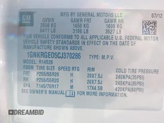 2012 Chevrolet Traverse 1LT with VIN 1GNKRGED5CJ370286, listed as a IAAI auction lot 40425141 with 125,280 mi miles and . Bid and sale history available at DreamBid. Image 9.