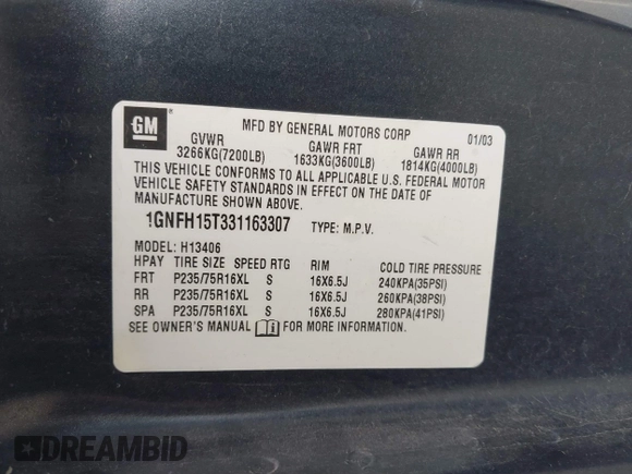 2003 Chevrolet City Express Cargo z VIN 1GNFH15T331163307, wystawiony jako IAAI lot #41788527 z przebiegiem 146 843 mil mil oraz . Historia ofert i sprzedaży dostępna na DreamBid. Obrazek 9.