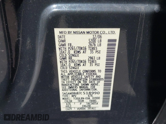 2007 Nissan Xterra SE with VIN 5N1AN08U87C518990, listed as a IAAI auction lot 42057917 with 258,209 mi miles and . Bid and sale history available at DreamBid. Image 9.