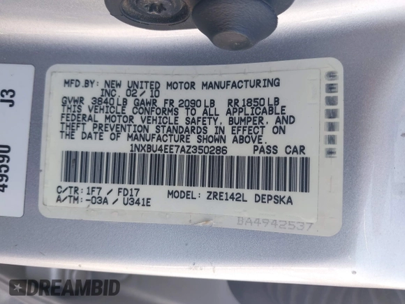 2010 Toyota Corolla with VIN 1NXBU4EE7AZ350286, listed as a IAAI auction lot 41955852 with 196,721 mi miles. Bid and sale history available at carsss.com. Image 9.