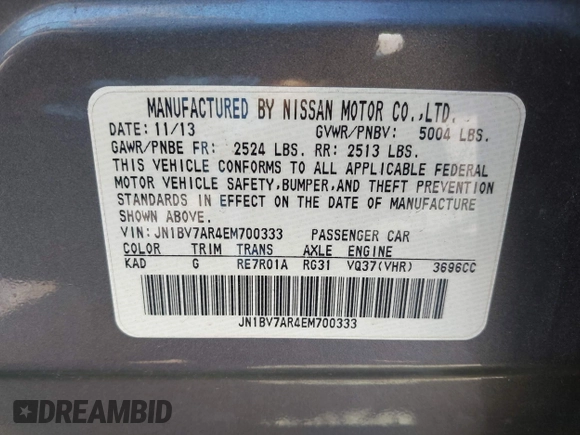 2014 Infiniti Q50 Premium with VIN JN1BV7AR4EM700333, listed as a IAAI auction lot 42109470 with 91,408 mi miles. Bid and sale history available at carsss.com. Image 9.