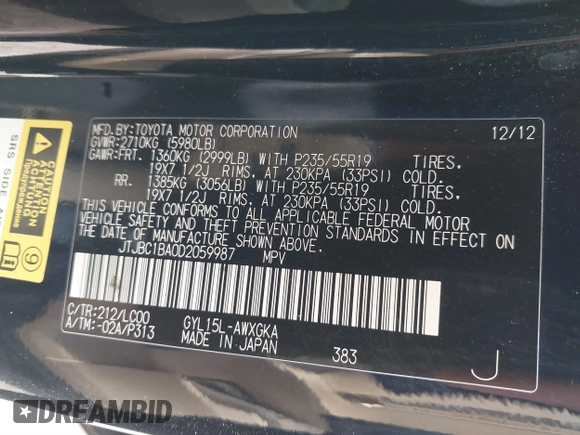 2013 Lexus RX 450h с VIN JTJBC1BA0D2059987, выставлен на аукционе IAAI как лот 41827331 с пробегом 116 317 миль миль и . История ставок и продаж доступна на DreamBid. Изображение 9.