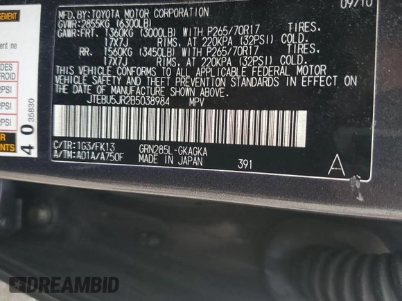 2011 Toyota 4Runner Trail with VIN JTEBU5JR2B5038984, listed as a Copart auction lot 61729525 with 253,680 mi miles and Clean title. Bid and sale history available at DreamBid. Image 13.