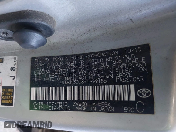 2015 Toyota Prius Four with VIN JTDKN3DU8F1999155, listed as a IAAI auction lot 41852226 with 415,013 mi miles. Bid and sale history available at carsss.com. Image 9.