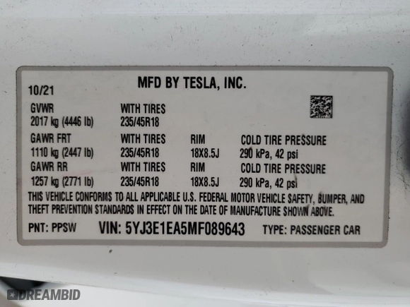 2021 Tesla Model 3 Standard Range Plus with VIN 5YJ3E1EA5MF089643, listed as a Copart auction lot 65789514 with 65,146 mi miles and Clean Title. Bid and sale history available at carsss.com. Image 12.