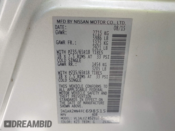 2015 Nissan Pathfinder SL with VIN 5N1AR2MN4FC698515, listed as a IAAI auction lot 41853681 with 179,260 mi miles and . Bid and sale history available at DreamBid. Image 9.