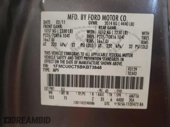 2011 Ford Escape XLS with VIN 1FMCU0C75BKB73848, listed as a Copart auction lot 55879105 with Not provided miles and Non repairable. Bid and sale history available at DreamBid. Image 13.