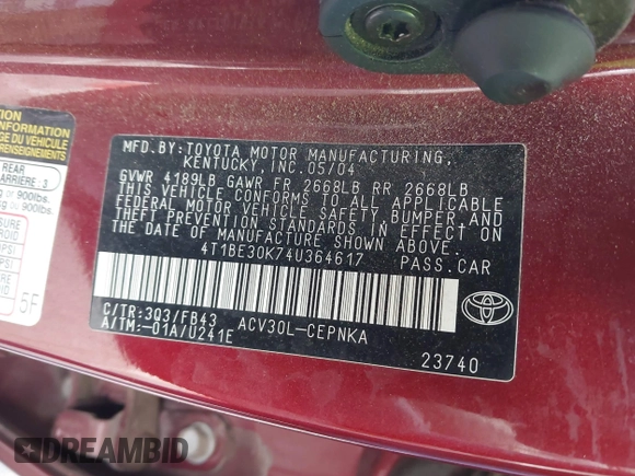 2004 Toyota Camry LE z VIN 4T1BE30K74U364617, wystawiony jako IAAI lot #42046280 z przebiegiem 150 659 mil mil oraz . Historia ofert i sprzedaży dostępna na DreamBid. Obrazek 9.