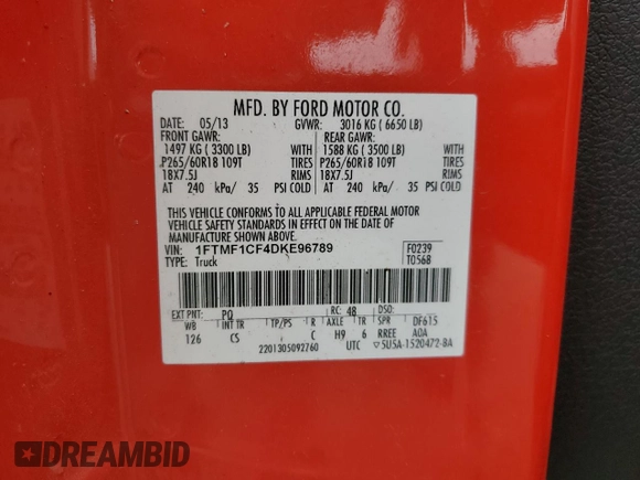 2013 Ford F-150 XL with VIN 1FTMF1CF4DKE96789, listed as a Copart auction lot 58470685 with Not provided miles and Salvage title. Bid and sale history available at DreamBid. Image 12.