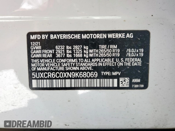 2022 BMW X5 xDrive40i with VIN 5UXCR6C0XN9K68069, listed as a Copart auction lot 52612385 with Not provided miles and Clean title. Bid and sale history available at DreamBid. Image 13.