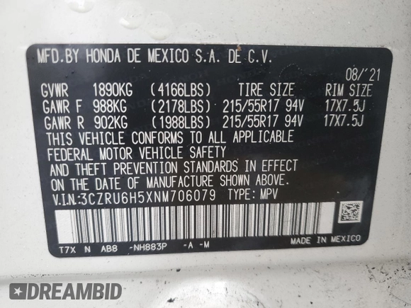 2022 Honda HR-V EX with VIN 3CZRU6H5XNM706079, listed as a Copart auction lot 42371655 with 0 mi miles and Non Repairable. Bid and sale history available at carsss.com. Image 13.