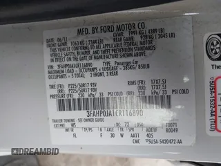 2012 Ford Fusion SEL with VIN 3FAHP0JA1CR116890, listed as a IAAI auction lot 42052907 with 190,266 mi miles. Bid and sale history available at carsss.com. Image 9.