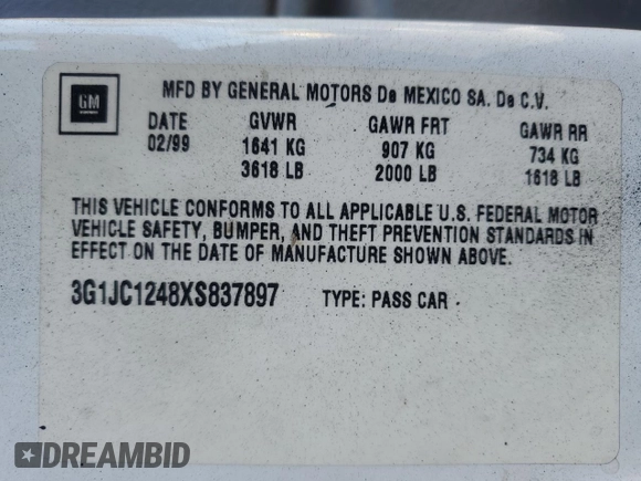 1999 Chevrolet Cavalier with VIN 3G1JC1248XS837897, listed as a Copart auction lot 81193124 with 141,401 mi miles and Non Repairable. Bid and sale history available at DreamBid. Image 12.