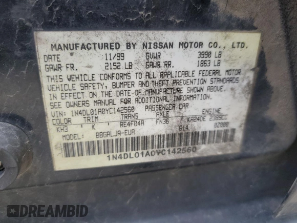 2000 Nissan Altima GXE with VIN 1N4DL01A0YC142560, listed as a Copart auction lot 41752175 with 228,857 mi miles and Salvage Title. Bid and sale history available at carsss.com. Image 14.