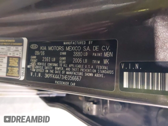 2017 Kia Forte LX with VIN 3KPFK4A71HE056667, listed as a IAAI auction lot 42030307 with 99,320 mi miles. Bid and sale history available at carsss.com. Image 9.