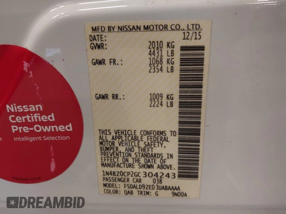 2016 Nissan LEAF SV with VIN 1N4BZ0CP2GC304243, listed as a IAAI auction lot 41914959 with 85,420 mi miles. Bid and sale history available at carsss.com. Image 9.