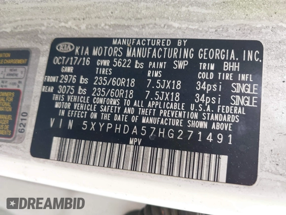 2017 Kia Sorento EX with VIN 5XYPHDA57HG271491, listed as a IAAI auction lot 42111594 with 79,556 mi miles and . Bid and sale history available at DreamBid. Image 9.
