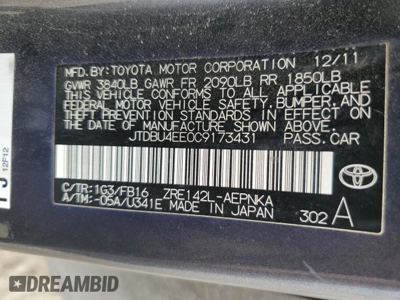2012 Toyota Corolla L with VIN JTDBU4EE0C9173431, listed as a Copart auction lot 54871155 with 132,887 mi miles and Salvage Title. Bid and sale history available at DreamBid. Image 12.