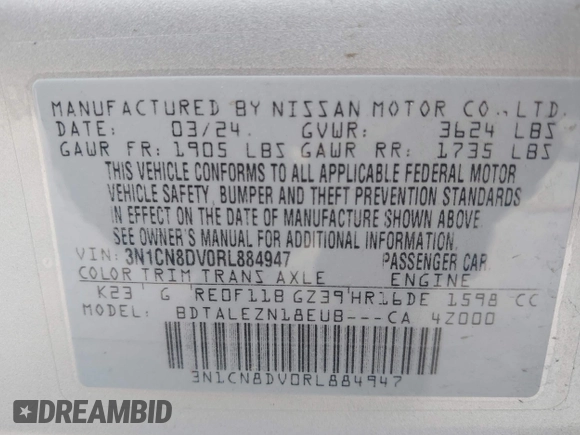 2024 Nissan Versa S with VIN 3N1CN8DV0RL884947, listed as a IAAI auction lot 41587418 with 33,466 mi miles. Bid and sale history available at carsss.com. Image 9.
