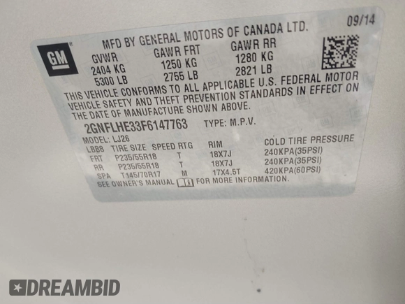 2015 Chevrolet Equinox LTZ with VIN 2GNFLHE33F6147763, listed as a IAAI auction lot 41631330 with 62,571 mi miles. Bid and sale history available at carsss.com. Image 9.