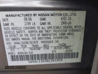 2006 Nissan Altima S with VIN 1N4AL11D36C261929, listed as a IAAI auction lot 42357971 with 173,965 mi miles and . Bid and sale history available at DreamBid. Image 9.