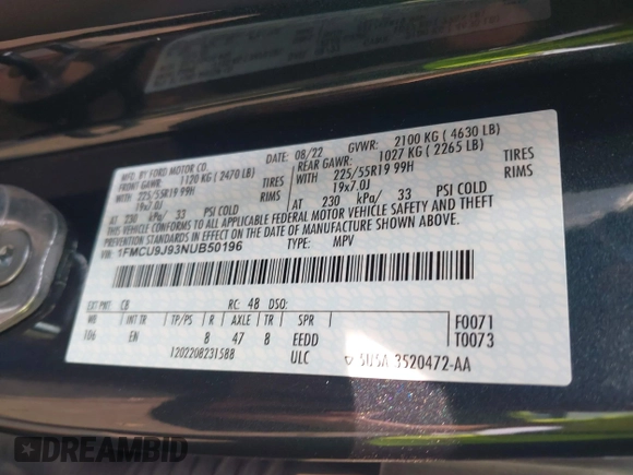 2022 Ford Escape Titanium with VIN 1FMCU9J93NUB50196, listed as a IAAI auction lot 42420209 with 22,210 mi miles and . Bid and sale history available at DreamBid. Image 9.