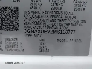 2021 Chevrolet Equinox LT z VIN 3GNAXUEV2MS118777, wystawiony jako IAAI lot #42144466 z przebiegiem 26 708 mil mil oraz . Historia ofert i sprzedaży dostępna na DreamBid. Obrazek 9.