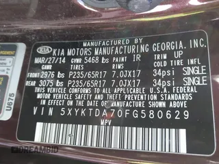 2015 Kia Sorento LX with VIN 5XYKTDA70FG580629, listed as a IAAI auction lot 41623587 with 105,266 mi miles. Bid and sale history available at carsss.com. Image 9.