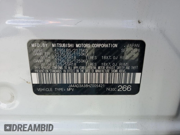 2017 Mitsubishi Outlander SE z VIN JA4AD3A38HZ005421, wystawiony jako Copart lot #55303005 z przebiegiem Nie podano mil oraz Szkoda całkowita • Salvage title. Historia ofert i sprzedaży dostępna na DreamBid. Obrazek 13.