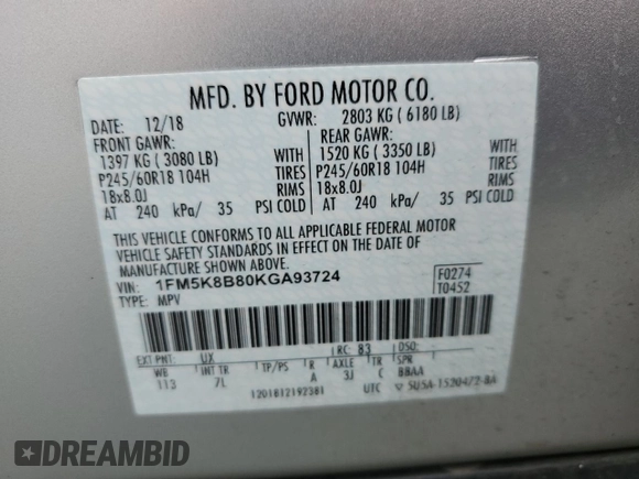 2019 Ford Explorer с VIN 1FM5K8B80KGA93724, выставлен на аукционе Copart как лот 58006385 с пробегом 71 189 миль миль и Списание • Salvage title. История ставок и продаж доступна на DreamBid. Изображение 13.
