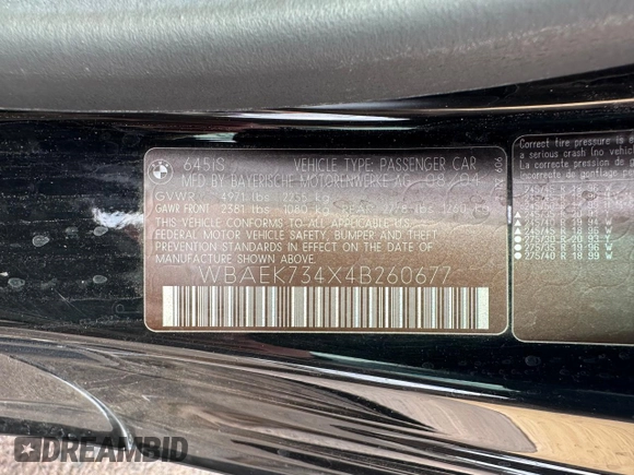 2004 BMW 6 Series 645Ci z VIN WBAEK734X4B260677, wystawiony jako Copart lot #50924995 z przebiegiem 42 209 mil mil oraz Czysty tytuł • Clean title. Historia ofert i sprzedaży dostępna na DreamBid. Obrazek 10.