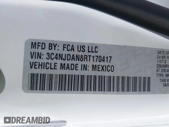 2024 Jeep Compass Sport with VIN 3C4NJDAN8RT170417, listed as a IAAI auction lot 41493187 with 4,393 mi miles. Bid and sale history available at carsss.com. Image 9.