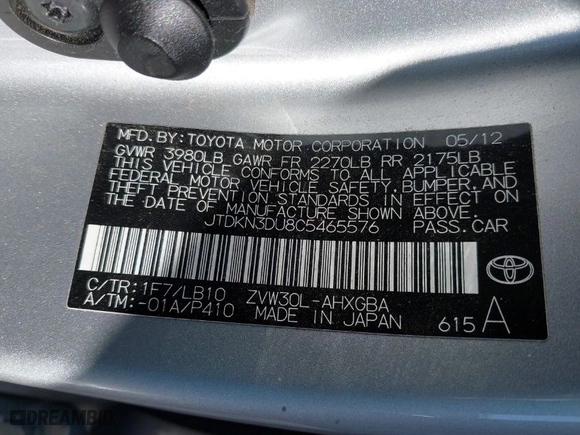 2012 Toyota Prius One with VIN JTDKN3DU8C5465576, listed as a IAAI auction lot 41662792 with NaN miles. Bid and sale history available at carsss.com. Image 9.