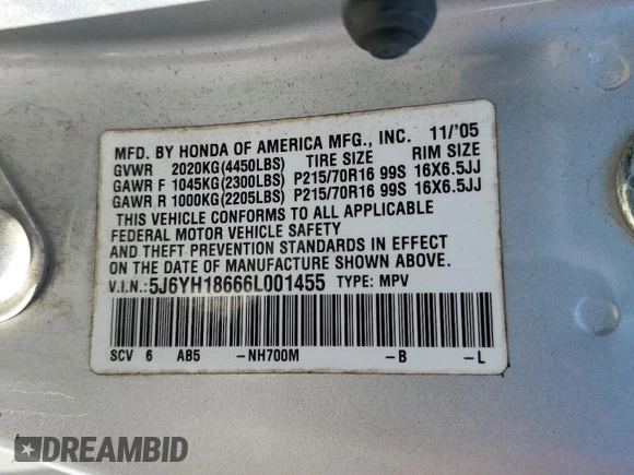 2006 Honda Element EX with VIN 5J6YH18666L001455, listed as a Copart auction lot 47967465 with 218,149 mi miles and Salvage Title. Bid and sale history available at DreamBid. Image 15.